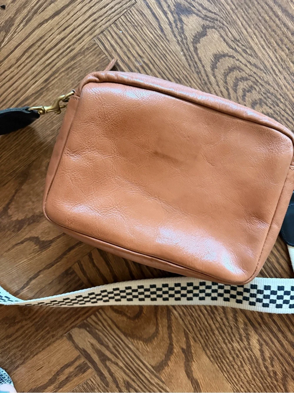 Clare V Midi Sac in Tan with Stripes and Checkered Crossbody Strap